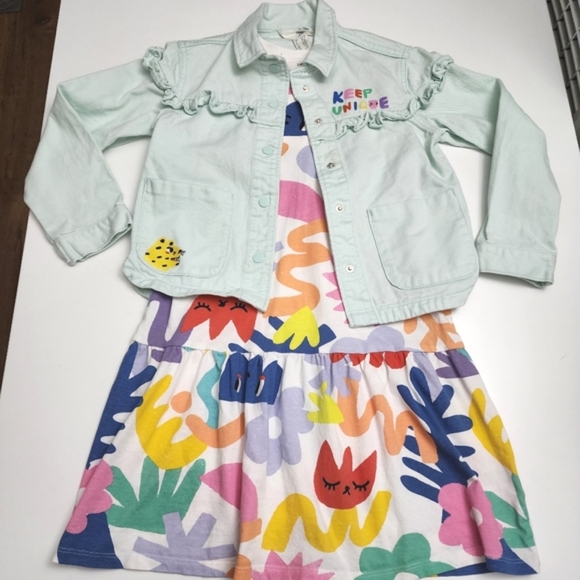 H&M Liunic Girls Bright Colorful Spring Abstract Dress & Denim Jacket Size 6x - Picture 1 of 15